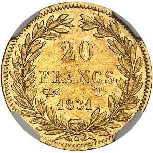 Louis-Philippe Ier (1830-1848). 20 francs tête nue, tranche en relief 1831, T, Nantes.