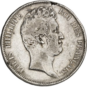 Louis-Philippe Ier (1830-1848). 5 francs sans le I, tranche en creux, frappe incuse ND (1830).