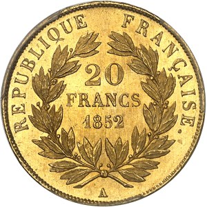 IIe République (1848-1852). 20 francs Louis-Napoléon Bonaparte 1852, A, Paris.