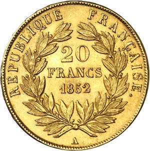 IIe République (1848-1852). 20 francs Louis-Napoléon Bonaparte 1852, A, Paris.