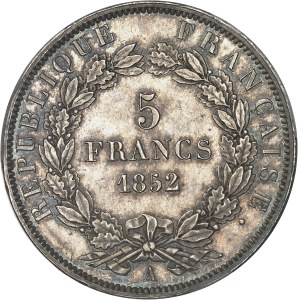 IIe République (1848-1852). 5 francs J. J. BARRE, 2e épreuve, tranche en relief, Frappe spéciale (SP) 1852, A, Paris.