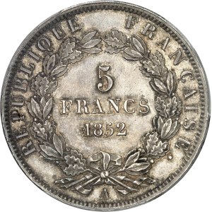 IIe République (1848-1852). 5 francs J. J. BARRE, 2e épreuve, tranche en relief 1852, A, Paris.