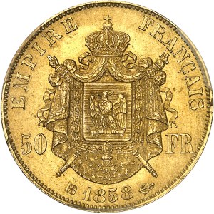Second Empire / Napoléon III (1852-1870). 50 francs tête nue 1858, BB, Strasbourg.