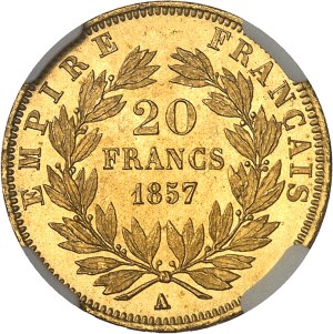 Second Empire / Napoleon III (1852-1870). 20 francs nude head 1857, A, Paris.
