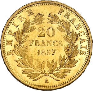 Second Empire / Napoleon III (1852-1870). 20 francs nude head 1857, A, Paris.