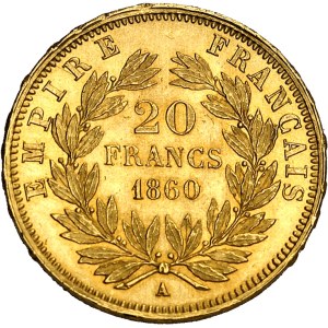 Second Empire / Napoléon III (1852-1870). 20 francs tête nue 1860, A, Paris.
