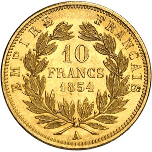 Second Empire / Napoléon III (1852-1870). 10 francs tête nue, petit module, tranche lisse 1854, A, Paris.