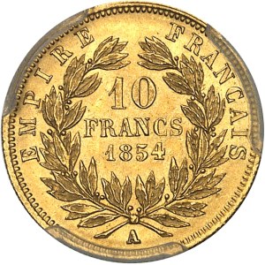 Second Empire / Napoléon III (1852-1870). 10 francs tête nue, petit module, tranche cannelée 1854, A, Paris.