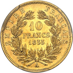 Second Empire / Napoléon III (1852-1870). 10 francs tête nue, petit module, tranche cannelée 1854, A, Paris.
