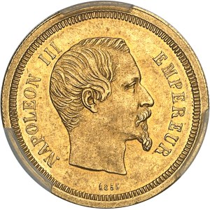Second Empire / Napoléon III (1852-1870). Essai de 10 francs tête nue, à listel large et tranche striée, Frappe spéciale (SP) 1855, A, Paris.