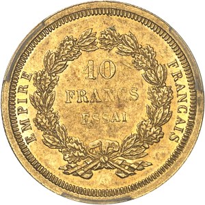 Second Empire / Napoléon III (1852-1870). Essai de 10 francs tête nue, à listel large et tranche striée, Frappe spéciale (SP) 1855, A, Paris.