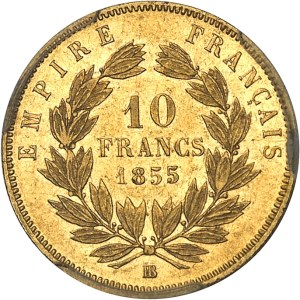 Second Empire / Napoléon III (1852-1870). 10 francs tête nue grand module 1855, BB, Strasbourg.