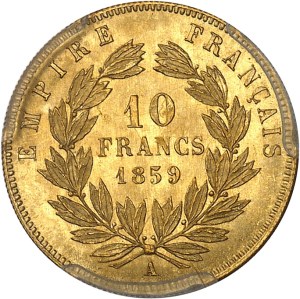 Second Empire / Napoleon III (1852-1870). 10 francs bare head large module 1859, A, Paris.