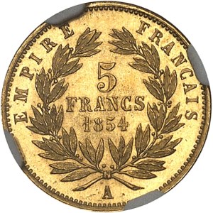 Second Empire / Napoléon III (1852-1870). 5 francs tête nue petit module, tranche lisse 1854, A, Paris.