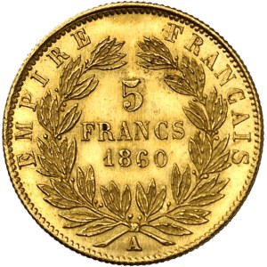 Second Empire / Napoléon III (1852-1870). 5 francs tête nue, grand module 1860, A, Paris.