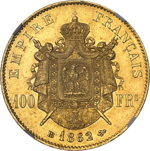 Second Empire / Napoleon III (1852-1870). 100 francs tête laurée 1862, BB, Strasbourg.