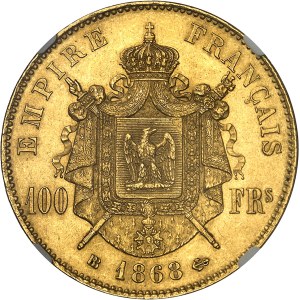 Second Empire / Napoléon III (1852-1870). 100 francs tête laurée 1868, BB, Strasbourg.