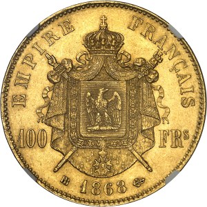 Second Empire / Napoleon III (1852-1870). 100 francs tête laurée 1868, BB, Strasbourg.