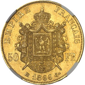 Second Empire / Napoléon III (1852-1870). 50 francs tête laurée 1866, BB, Strasbourg.