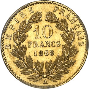 Second Empire / Napoleon III (1852-1870). 10 francs laurel head 1868, A, Paris.