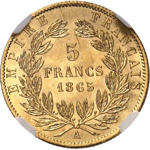 Second Empire / Napoléon III (1852-1870). 5 francs tête laurée 1865, A, Paris.