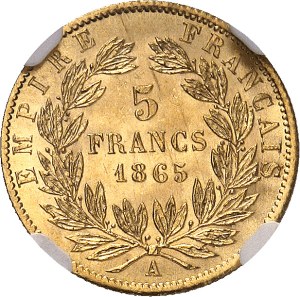 Second Empire / Napoleon III (1852-1870). 5 francs laurel head 1865, A, Paris.