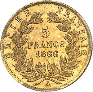 Second Empire / Napoleon III (1852-1870). 5 francs laurel head 1866, A, Paris.