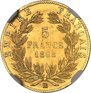 Second Empire / Napoleon III (1852-1870). 5 francs laurel head 1868, BB, Strasbourg.