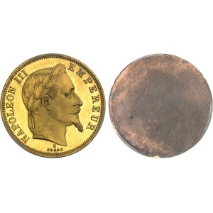 Second Empire / Napoléon III (1852-1870). Paire d’essais unifaces en bronze doré de 50 francs tête laurée, par Albert Barre, Frappes spéciales (SP) 1862, E, Paris.