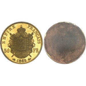 Second Empire / Napoléon III (1852-1870). Paire d’essais unifaces en bronze doré de 50 francs tête laurée, par Albert Barre, Frappes spéciales (SP) 1862, E, Paris.