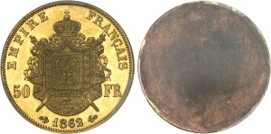Second Empire / Napoleon III (1852-1870). Pair of 50-franc single-sided gilt bronze head trials, by Albert Barre, Frappes spéciales (SP) 1862, E, Paris.