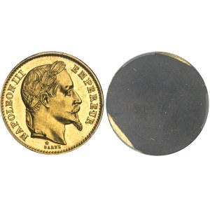 Second Empire / Napoléon III (1852-1870). Paire d’essais unifaces en bronze doré de 20 francs tête laurée, par Albert Barre, Flan bruni (PROOF) 1868, E, Paris.