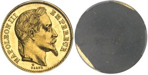 Second Empire / Napoleon III (1852-1870). Pair of 20-franc gilt-bronze tête laurée uniface proofs, by Albert Barre, Flan bruni (PROOF) 1868, E, Paris.