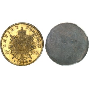 Second Empire / Napoléon III (1852-1870). Paire d’essais unifaces en bronze doré de 20 francs tête laurée, par Albert Barre, Flan bruni (PROOF) 1868, E, Paris.