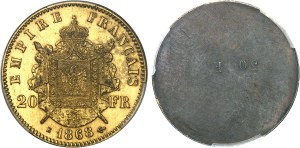 Second Empire / Napoleon III (1852-1870). Pair of 20-franc gilt-bronze tête laurée uniface proofs, by Albert Barre, Flan bruni (PROOF) 1868, E, Paris.