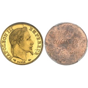 Second Empire / Napoléon III (1852-1870). Paire d’essais unifaces en bronze doré de 10 francs tête laurée, par Albert Barre, Frappes spéciales (SP) 1862, E, Paris.