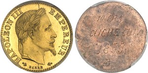 Second Empire / Napoleon III (1852-1870). Pair of single-sided gilt bronze 10 francs tête laurée proofs, by Albert Barre, Frappes spéciales (SP) 1862, E, Paris.