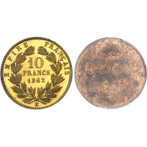 Second Empire / Napoléon III (1852-1870). Paire d’essais unifaces en bronze doré de 10 francs tête laurée, par Albert Barre, Frappes spéciales (SP) 1862, E, Paris.