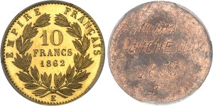 Second Empire / Napoleon III (1852-1870). Pair of single-sided gilt bronze 10 francs tête laurée proofs, by Albert Barre, Frappes spéciales (SP) 1862, E, Paris.