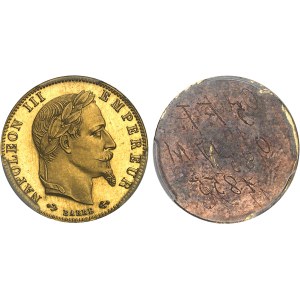 Second Empire / Napoléon III (1852-1870). Paire d’essais unifaces en bronze doré de 5 francs tête laurée, par Albert Barre, Frappes spéciales (SP) 1862, E, Paris.