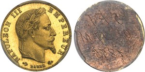 Second Empire / Napoleon III (1852-1870). Pair of single-sided gilt bronze 5 francs tête laurée proofs, by Albert Barre, Frappes spéciales (SP) 1862, E, Paris.