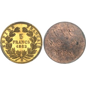 Second Empire / Napoléon III (1852-1870). Paire d’essais unifaces en bronze doré de 5 francs tête laurée, par Albert Barre, Frappes spéciales (SP) 1862, E, Paris.