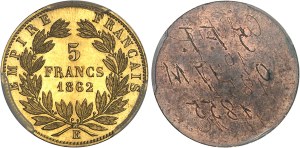 Second Empire / Napoleon III (1852-1870). Pair of single-sided gilt bronze 5 francs tête laurée proofs, by Albert Barre, Frappes spéciales (SP) 1862, E, Paris.