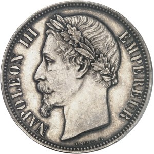 Second Empire / Napoléon III (1852-1870). Essai de 5 francs pour l’effigie des monnaies tête laurée, par Dantzell, Frappe spéciale (SP) 1856, Paris.