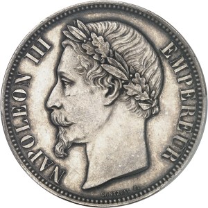 Second Empire / Napoleon III (1852-1870). Essai de 5 francs pour l'effigie des monnaies tête laurée, by Dantzell, Frappe spéciale (SP) 1856, Paris.