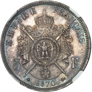 Second Empire / Napoléon III (1852-1870). Épreuve de 5 francs tête laurée, Flan bruni (PROOF) 1870, A, Paris.