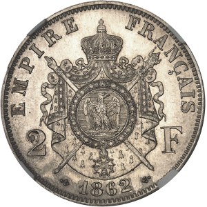 Second Empire / Napoléon III (1852-1870). Essai de 2 francs tête laurée, au double différent ancre, tranche lisse, Flan bruni (PROOF) 1862, E, Paris.
