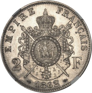 Second Empire / Napoleon III (1852-1870). Essai de 2 francs tête laurée, au double différent ancre, tranche lisse, Flan bruni (PROOF) 1862, E, Paris.