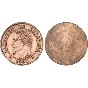 Second Empire / Napoléon III (1852-1870). Paire d’essais unifaces de Deux centimes tête laurée aux deux ancres 1861, E, Paris.