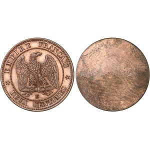 Second Empire / Napoléon III (1852-1870). Paire d’essais unifaces de Deux centimes tête laurée aux deux ancres 1861, E, Paris.